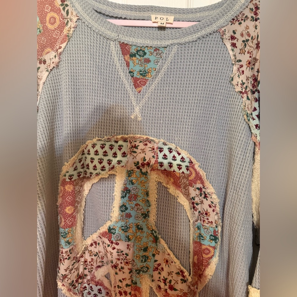 POL Multicolor Patchwork Peace Sign Sweatshirt - image 3